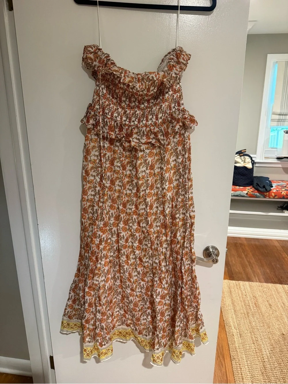 J. Crew Rust Floral Smocked Maxi Dress with Yellow Border